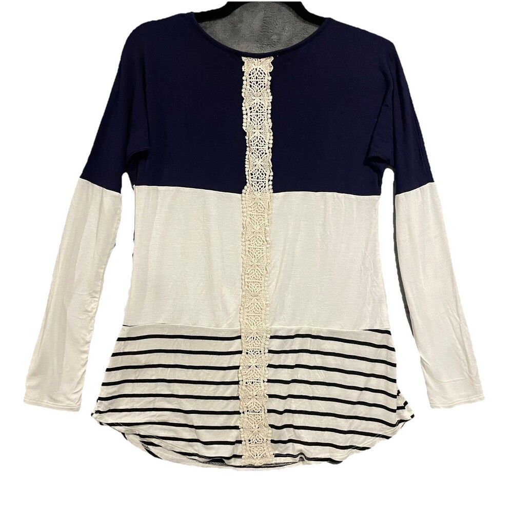 Pink Lily navy blue ivory stripe tunic made in USA size Small 95% rayon